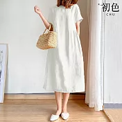 【初色】純色寬鬆圓領短袖中大尺碼中長裙連身洋裝連身裙洋裝-共7色-33931(M-3XL可選) L 白色