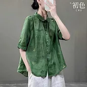 【初色】復古文藝刺繡透氣棉麻寬鬆翻領五分袖襯衫上衣-共4色-70061(M-2XL可選) L 綠色