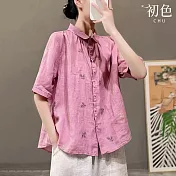 【初色】復古文藝刺繡透氣棉麻寬鬆翻領五分袖襯衫上衣-共4色-70061(M-2XL可選) L 粉紅色