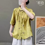 【初色】復古文藝刺繡透氣棉麻寬鬆翻領五分袖襯衫上衣-共4色-70061(M-2XL可選) L 黃色