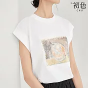 【初色】簡約藝術印花修身寬鬆涼感無袖圓領T恤上衣女上衣-共2色-33611(M-2XL可選) L 淺卡其