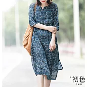 【初色】民族風印花棉麻風洋裝-深藍色-62095(M-2XL可選) M 深藍色