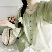【ACheter】 嫩芽綠色圓領亞麻感七分袖襯衫法式慵懶風燈籠袖短版罩衫上衣# 122220 XL 綠色