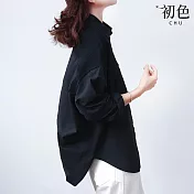 【初色】慵懶風寬鬆拼接燈芯絨翻領長袖襯衫上衣女上衣-共3色-33715(M-2XL可選) XL 黑色