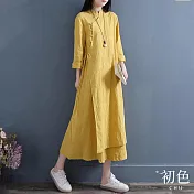 【初色】立領中國風復古雙層寬鬆遮肉長袖連身裙洋裝-共4色-33730(M-2XL可選) M 黃色
