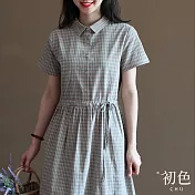 【初色】翻領格紋收腰顯瘦復古半排扣短袖連身裙洋裝-共2色-33732(M-2XL可選) XL 綠格