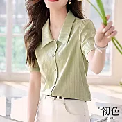 【初色】清涼感簡約文藝幾何線條拼接肌理紋泡泡袖短袖輕薄襯衫上衣女上衣-綠色-34417(M-2XL可選) XL 綠色