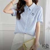 【初色】清涼感輕薄撞色條紋拼接學院風刺繡短袖襯衫上衣女上衣-共2色-33758(M-2XL可選) M 藍色