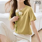 【初色】純色休閒不對襯拼接圓領短袖T恤上衣女上衣-黃綠色-33763(M-2XL可選) M 黃綠色