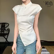 【初色】新中式旗袍純色百搭修身顯瘦立領無袖襯衫女上衣-米白色-33766(M-XL可選) M 米白色