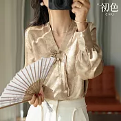 【初色】新中式文藝印花V領燈籠袖九分長袖襯衫上衣女上衣-共2色-33741(M-2XL可選) XL 卡其色