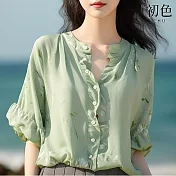 【初色】純色碎花休閒緞面荷葉邊圓領五分袖襯衫女上衣-綠色-33753(M-2XL可選) L 綠色