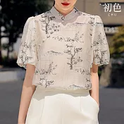 【初色】復古中國風印花優雅透膚涼爽泡泡袖顯瘦立領T恤短袖上衣女上衣-白色-33755(M-2XL可選) M 白色