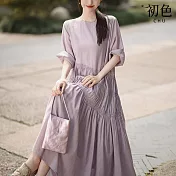 【初色】簡約風純色圓領五分短袖中長裙連衣裙連身洋裝長洋裝-共2色-33816(M-XL可選) XL 紫色