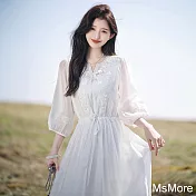 【MsMore】 月光刺繡圓領仙女宮廷風中袖連身裙浪漫長洋裝# 122396 M 白色