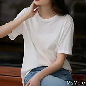 【MsMore】 圓領純棉寬鬆中長款短袖T恤休閒百搭上衣# 122570 S 白色