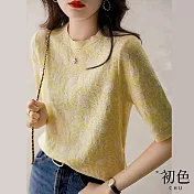 【初色】輕奢雙色緹花短袖T恤圓領上衣針織衫女上衣-共2色-34741(F可選) F 黃色