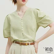 【初色】法式V領泡泡袖短袖T恤上衣純色襯衫女上衣-共2色-34747(M-XL可選) M 綠色