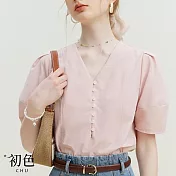 【初色】法式V領泡泡袖短袖T恤上衣純色襯衫女上衣-共2色-34747(M-XL可選) L 粉色