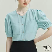 【初色】純色圓領法式泡泡袖T恤上衣短袖襯衫女上衣-共3色-34748(M-2XL可選) M 藍色