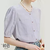 【初色】純色圓領法式泡泡袖T恤上衣短袖襯衫女上衣-共3色-34748(M-2XL可選) XL 紫色