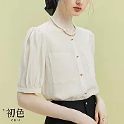 【初色】純色圓領法式泡泡袖T恤上衣短袖襯衫女上衣-共3色-34748(M-2XL可選) XL 杏色