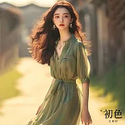 【初色】小立領輕薄雪紡連衣裙短袖綁帶連身洋裝長洋裝-綠色-34674(M-2XL可選) XL 綠色