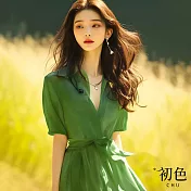 【初色】森林系翻領收腰綁帶連衣裙短袖連身洋裝長洋裝-綠色-34675(M-2XL可選) M 綠色