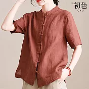 【初色】復古棉麻風純色單排釦立領短袖襯衫上衣女上衣-共3色-34812(M-2XL可選) M 焦糖色
