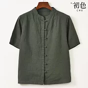 【初色】復古棉麻風純色單排釦立領短袖襯衫上衣女上衣-共3色-34812(M-2XL可選) M 綠色