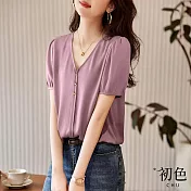 【初色】純色緞面V領短袖鈕扣襯衫上衣女上衣-紫色-34613(M-2XL可選) M 紫色