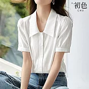 【初色】純色肌理感紋理翻領短袖泡泡袖襯衫上衣女上衣-白色-34606(M-2XL可選) XL 白色