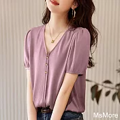 【MsMore】 時尚緞面質感通勤風百搭知性V領短袖短版上衣# 122491 2XL 紫色