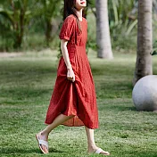 【MsMore】 鏤空仿天絲肌理感圓領短袖氣質收腰名媛連身裙長洋裝# 122532 L 紅色