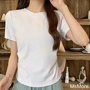 【MsMore】 圓領雙側抽褶顯瘦百搭短袖T恤短版百搭上衣# 122573 M 白色