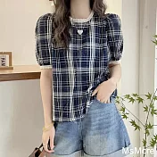 【MsMore】 泡泡袖棉麻感格子蕾絲圓領邊短袖寬鬆短版上衣# 122651 XL 藍色