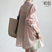 【初色】簡約風格豎條紋防曬透膚寬鬆翻領長袖襯衫上衣女上衣-粉色-34804(M-3XL可選) XL 粉色