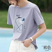 【初色】休閒風印花圓領短袖T恤上衣女上衣-淺藍色-34622(M-2XL可選) M 淺藍色