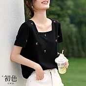 【初色】法式復古風方領短袖T恤上衣女上衣-黑色-34623(M-2XL可選) XL 黑色