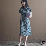 【初色】復古中式旗袍碎花印花收腰顯瘦開叉短袖連身裙洋裝-藍綠色-34788(M-2XL可選) M 藍綠色
