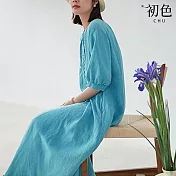 【初色】簡約風格純色清涼透氣圓領燈籠袖五分短袖中長裙連衣裙連身洋裝長洋裝-藍色-34805(L-2XL可選) L 藍色