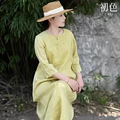 【初色】棉麻風純色刺繡圓領五分袖短袖寬鬆中長裙連衣裙連身洋裝-淺黃色-34806(M-2XL可選) M 淺黃色