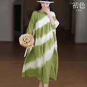 【初色】漸層暈染圓領五分短袖連衣裙連身洋裝長洋裝-綠色-34807(L/XL可選) L 綠色