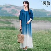 【初色】復古棉麻風染藍漸層圓領五分袖短袖寬鬆中長裙連衣裙連身洋裝-共2色-34809(L-2XL可選) L 藍色