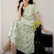 【初色】假兩件式圓領吊帶拼接碎花印花短袖連衣裙連身洋裝長洋裝-綠色-34604(M-2XL可選) M 綠色