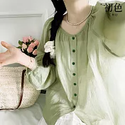 【初色】法式寬鬆素色圓領燈籠袖長袖襯衫上衣女上衣-綠色-34692(M-2XL可選) 2XL 綠色