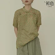 【初色】復古寬鬆波點印花盤扣立領短袖襯衫上衣女上衣-綠色-34694(M-2XL可選) 2XL 綠色