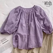 【初色】法式抽皺圓領寬鬆五分袖短袖娃娃衫襯衫上衣女上衣-紫色-34696(M-2XL可選) 2XL 紫色