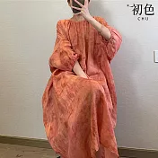 【初色】復古文藝風韻染印花圓領五分短袖寬鬆中大碼連衣裙連身洋裝長洋裝-橘紅色-34700(L-2XL可選) L 橘紅色