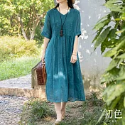 【初色】棉麻風琴褶素色V領短袖連衣裙洋裝-共6色-67709(M-2XL可選) M 湖藍